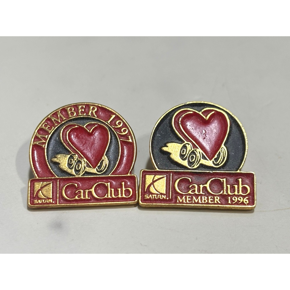 Vintage Saturn CarClub Member Pins 1996 1997 Red Heart Enamel Gold Tone Set of 2